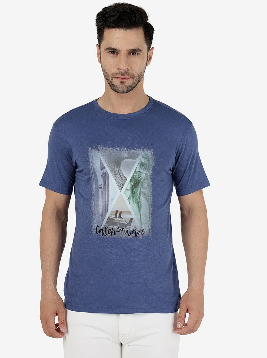 Moroccan Blue Printed Slim Fit T-Shirt | JadeBlue