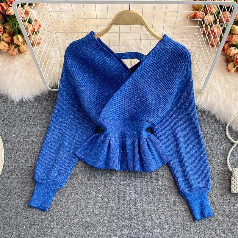new ruffled short sweater women's V-neck pullover sweater top      S4246