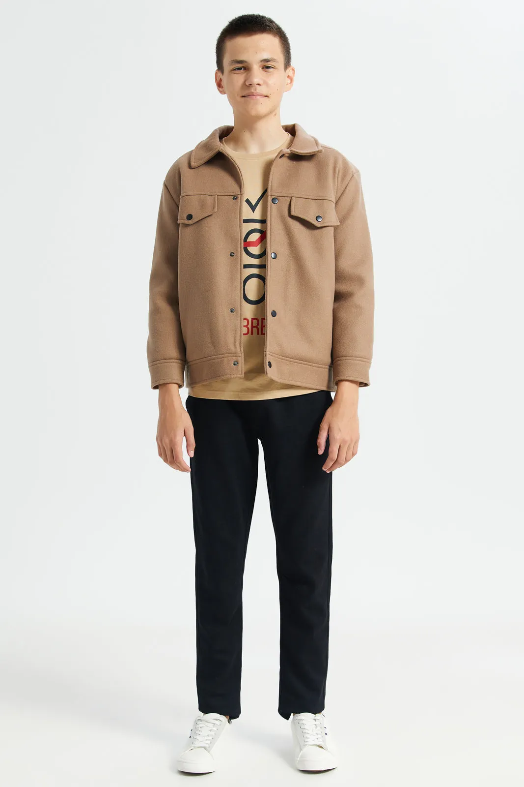 Senior Boys Brown Two Pocket Buttoned Padded Jacket