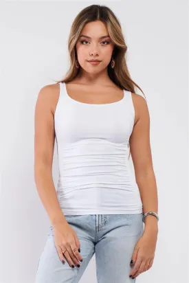 White Sleeveless Round Neck Ruched Detail Ribbed Sides Top /3-3