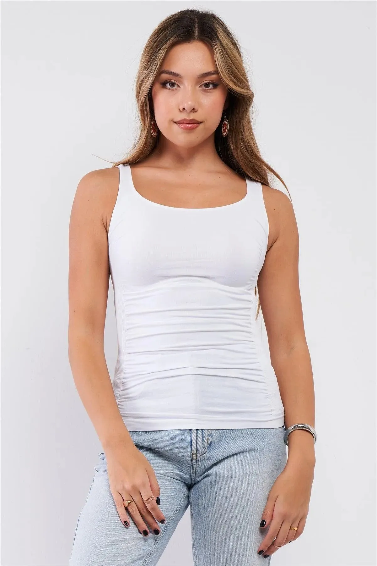 White Sleeveless Round Neck Ruched Detail Ribbed Sides Top /3-3